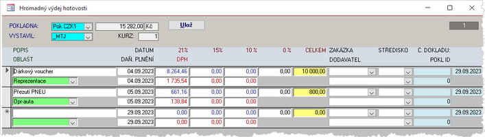 Formulář pro zápis více dokladů výběrů z pokladny.