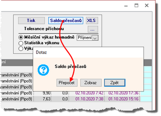 Přepočet SALDA přesčasů na Přehledu docházky.