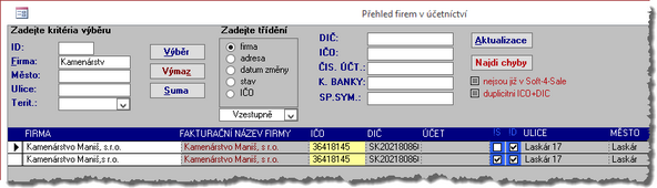 Výsledek kontroly "Najdi chyby" - duplicitní firma