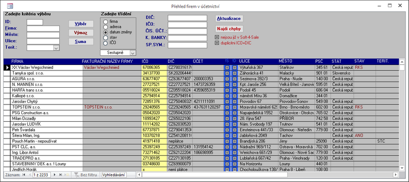 Přehled databáze kontaktů v modulu Ekonomika.