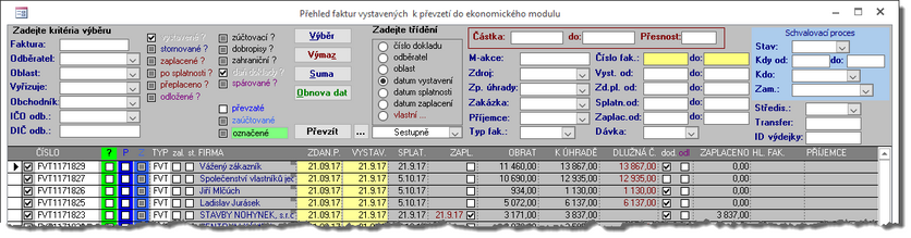 Vystavené faktury připravené k "převzetí" do modulu Ekonomika.