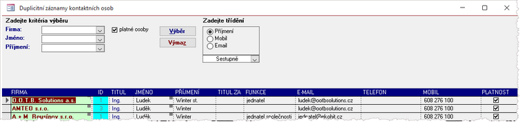 Přehled kontaktních osob, které mohou být duplicitiní.