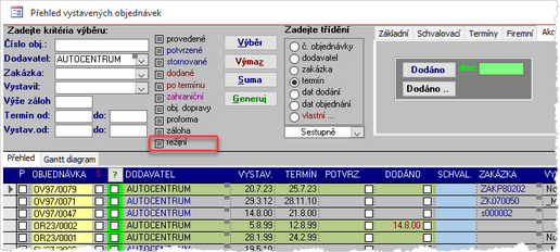 Přehled vystavených objednávek - zvýraznění "režijních".