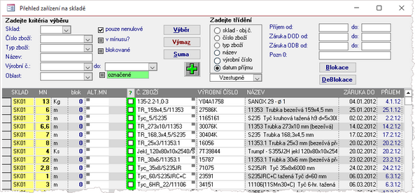 Přehled skladového množství výrobních čísel nebo šarží