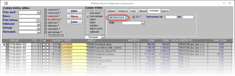 Generátor výkazu INTRASTAT na Přehledu zboží ve vystavených (přijatých) fakturách.