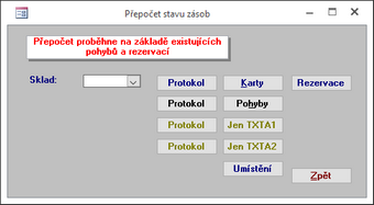 Karta pro hromadný Přepočet stavu zásob.