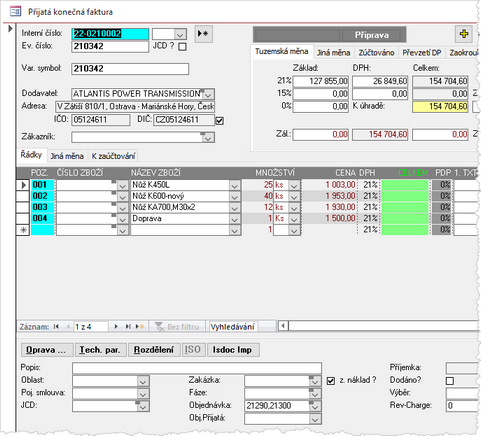 Přijatá faktura importovaná ze souboru ISDOC