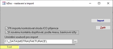 Konfigurační parametry pro import ISDOC