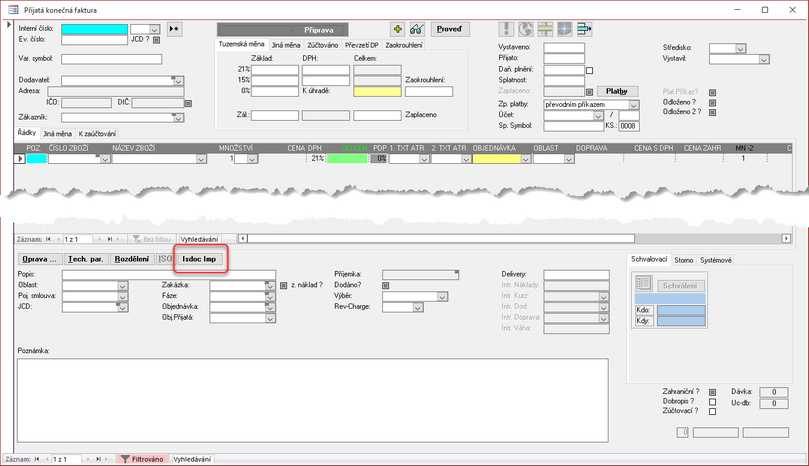 Přijatá faktura - import ze souboru ISDOC