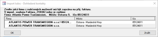 Import ISDOC - jiný název nebo více odpovídajících firem