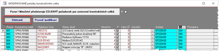 Smazání položek modifikace.