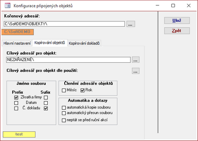 Konfigurace kořenového adresáře - záložka Kopírování  objektů
