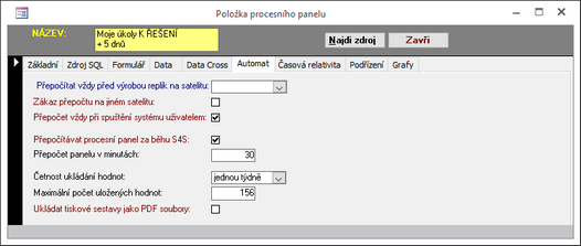 Definice položky procesního panelu - automatické přepočty