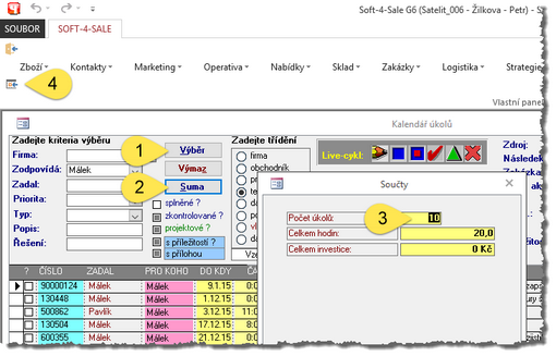 1 - Nafiltrujte, seřaďte a vyberte data; 2 - Otevřete součty; 3 - Vyberte sledovanou hodnotu; 4 - Uložte zdroj dat pro procesní panel. 