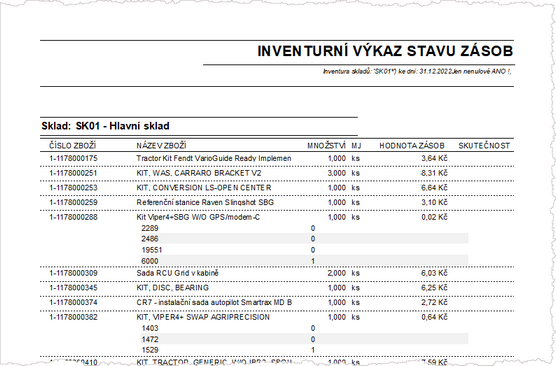  Inventurní výkaz stavu zásob - včetna stavů výrobních čísel