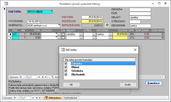 Rozdělení výnosů vystavených faktur - možnosti kumulace.
