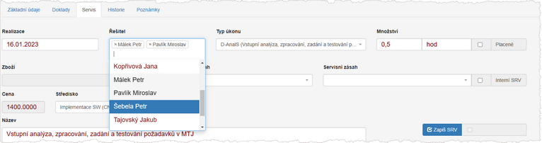 K Servisnímu úkonu lze zadat více řešitelů.