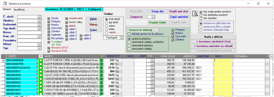 Skladová inventura - hlavní karta (inventura skladového množství)
