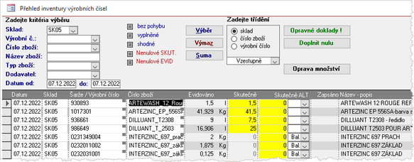 Skladová inventura výrobních čísel - alternativní množstvení jednotka.