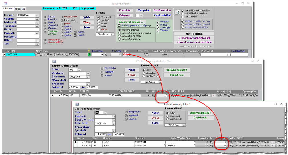 Skladová inventura - postupné zpracování od nejdetailnější úrovně. Po použití tlačítka "Načti z dílčích".