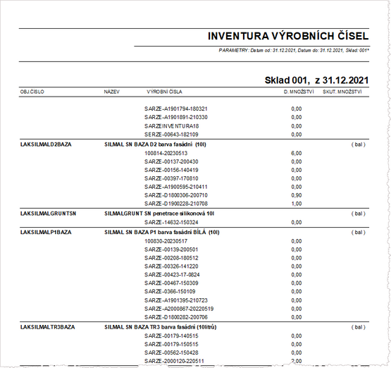 Ukázka tisku podkladů inventury výrobních čísel - evidované množství.