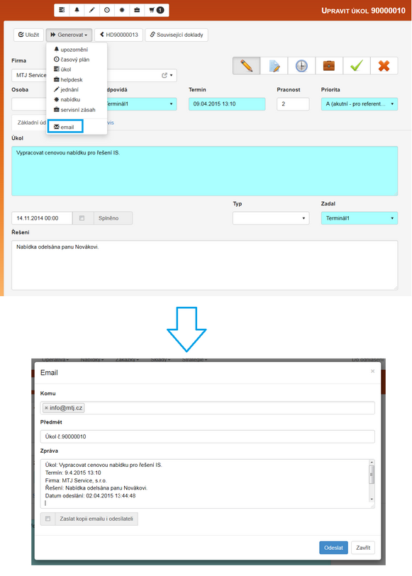Vygenerovaný e-mail podle šablony.
