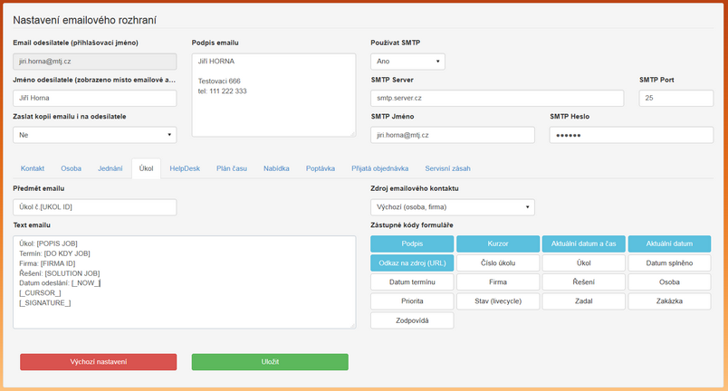Konfigurační okno pro nastavení tvorby a odesílání emailů.