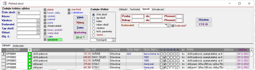  Přehled zboží - záložka SPECIAL