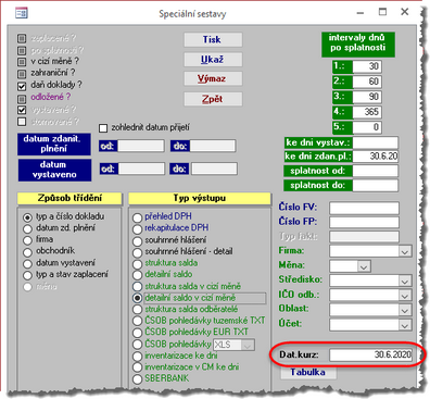 Konfigurační okno pro tisk sepciálních finančních sestav