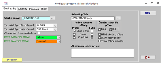 Okno parametrů vazeb jednotlivých agend na MS Outlook.