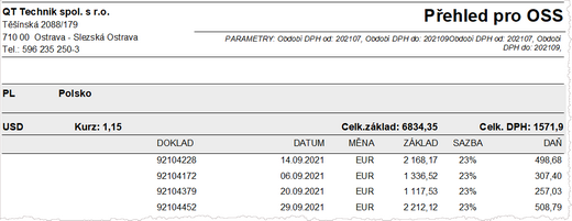 Podkladová a kontrolní sestava pro podání DAP-OSS - plnění v jiné měně než EUR (zde USD)