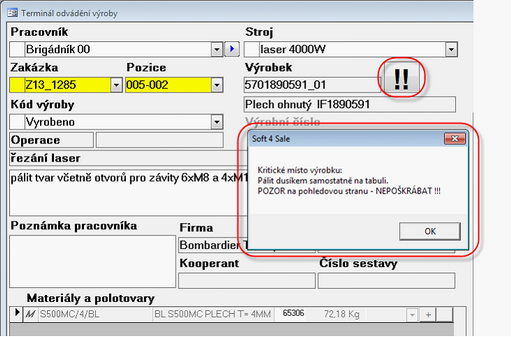 Indikace a informační okno o kritickém místě výrobku na "Výrobním terminálu".