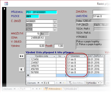 Výrobní čísla na kartě Příjemky - s umístěním na skladě.