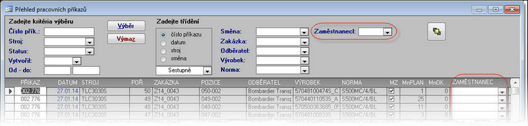 Přehled výrobních příkazů - možnost filtrace podle zaměstnance.