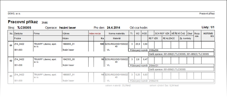 Náhled tiskové sestavy výrobního příkazu.