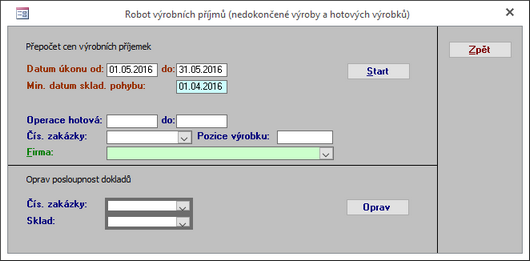 Karta "výrobního" robota - typické nastavení