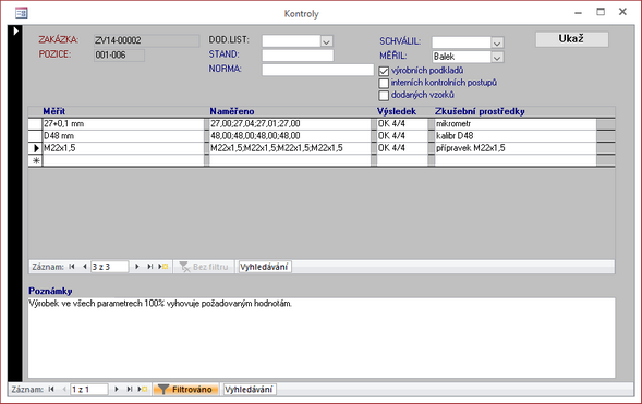 Vyplněný formulář pro zápis kontrolních měření.