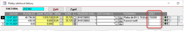 Platba zálohové faktury - možnost definice účtu pro Modul Ekonomika.