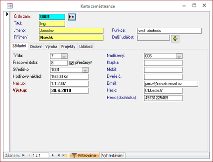 Karta zaměstnance - základní záložka